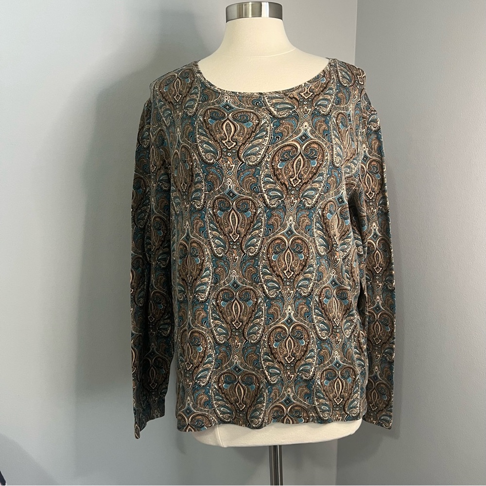 St. John's Bay XL Brown Teal Paisley Long Sleeve Round Neck Knit Top